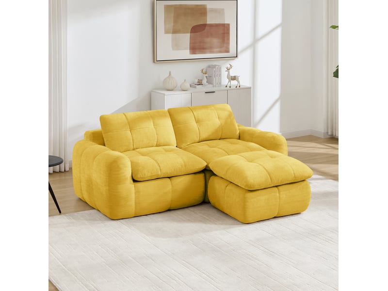  Canapé d'angle modulable 2 places modenvie avec ottoman, design matelassé, revêtement en chenille jaune, 194 x 160 x 68 cm  - Conforama E