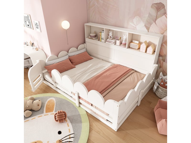  Lit au sol enfant 140x190 blanc en bois avec barrière de sécurité et porte, sommier inclus  - Conforama W