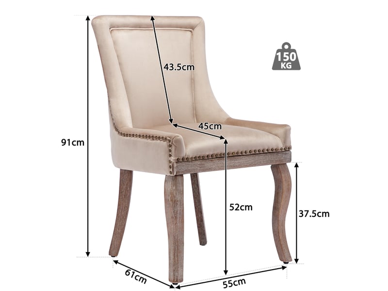  Lot de 2 chaises de salle à manger beige en velours, dossier capitonné, pieds en bois massif  - Conforama C