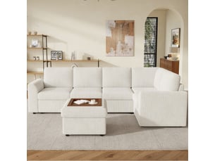 Canapé d'angle droit fixe Qualité haut de gamme 6 places Tissu beige avec coffre de rangement