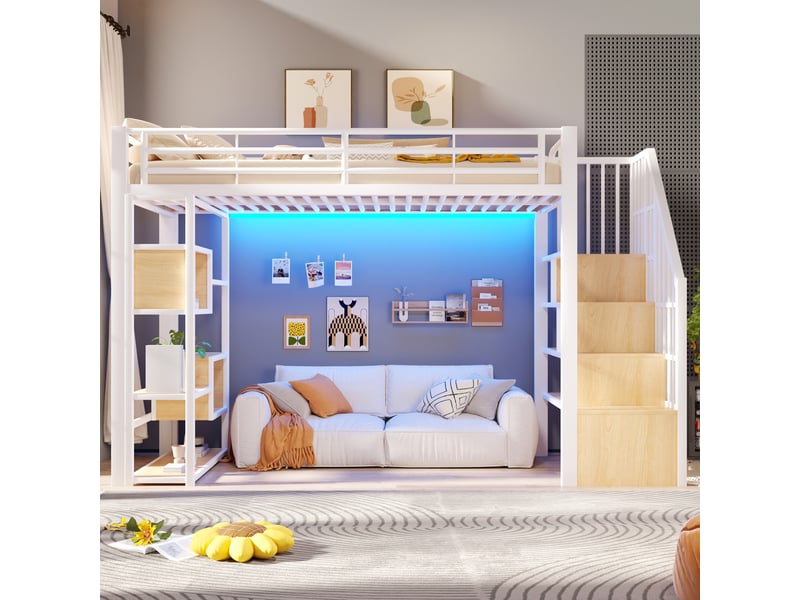  Lit mezzanine 90 x 200 cm, blanc, sans matelas, structure métal, rangement et led, échelle et garde-corps  - Conforama D