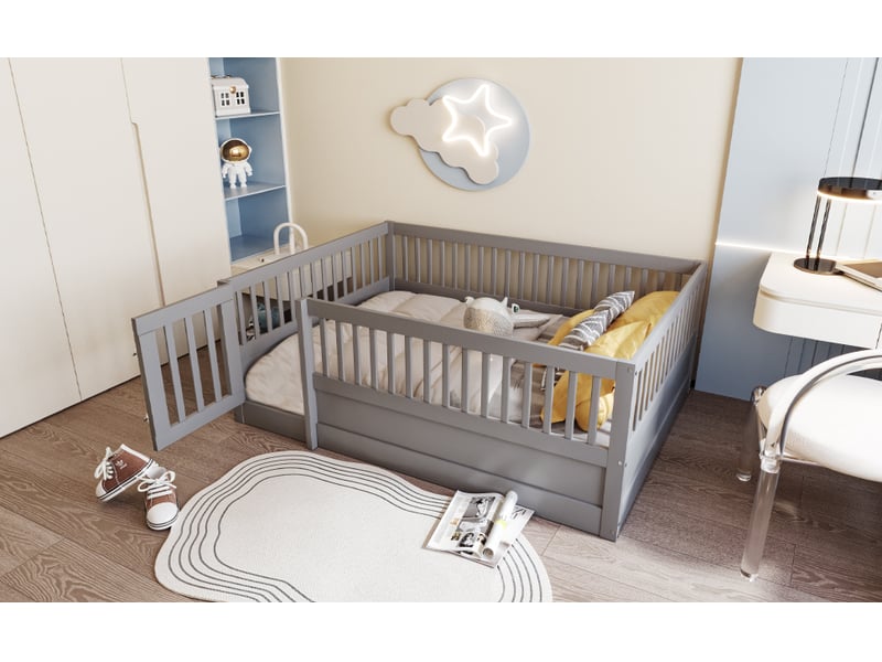  Lit 1 personne 140 x 200 cm pas de sommier a lattes, lit enfant a cadre en bois avec barrières et porte, cadre de lit, gris  - Conforama E