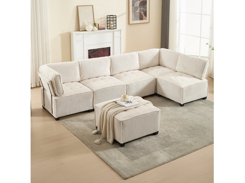  Canapé d'angle 6 pl 308x154x82cm, assise en mousse, revêtement velours, accoudoir, convertible avec poches de rangement, beige  - Conforama B