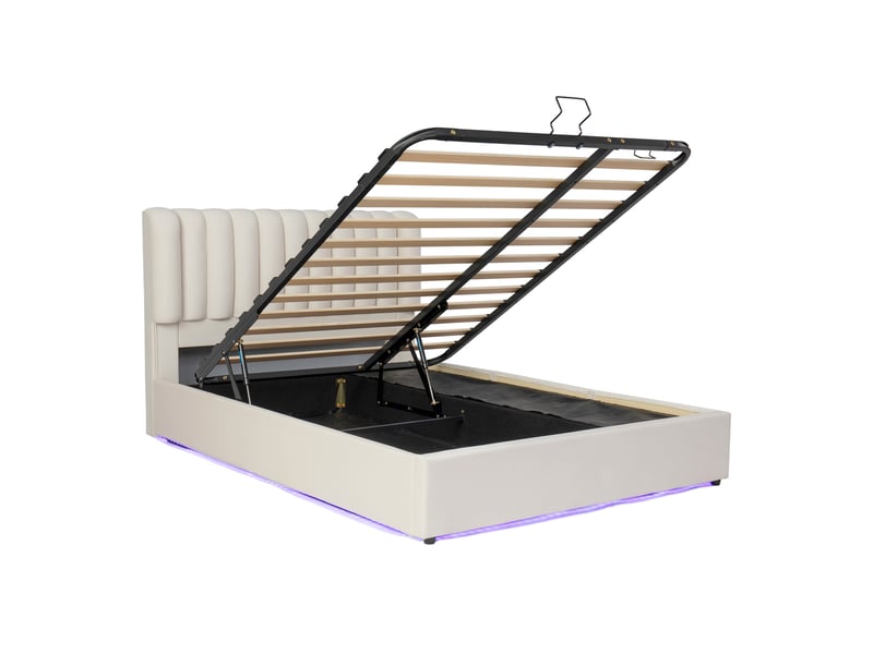  Lit coffre enfant avec mécanisme hydraulique à vérin à gaz, coffre de lit avec grand espace de rangement, 3 tiroirs, bande lumineuse led, revêtement en velours doux, lit capitonné beige, lit junior gain de place, 140 x 200 cm  - Conforama D