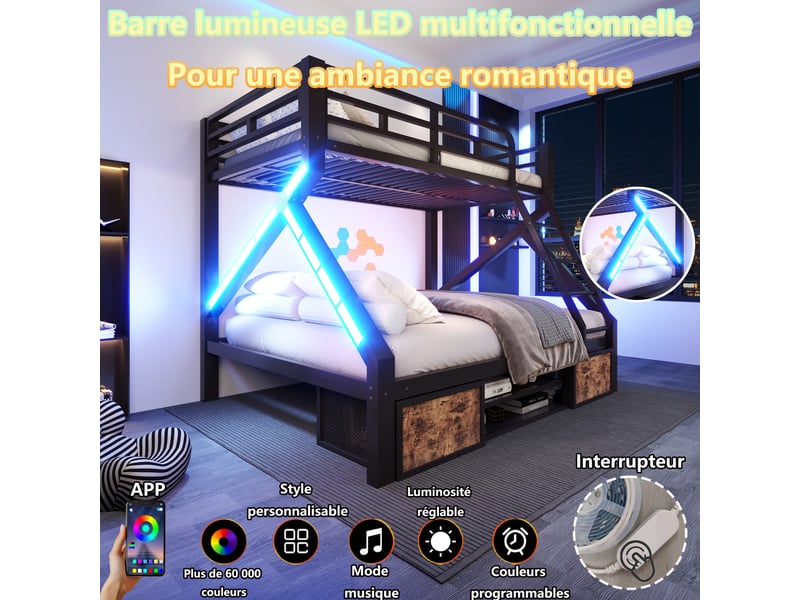  Lit superposé 90 x 200 cm + 140 x 200 cm – avec espaces de rangement – ​​avec barrières de sécurité – avec échelle – noir (matelas non inclus)  - Conforama E