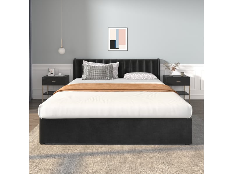  Lit velours noir 180x200 cm avec 2 tiroirs de rangement, cadre de lit double capitonné avec sommier à lattes, sans matelas  - Conforama D