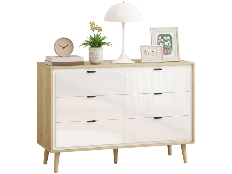  Commode à 6 tiroirs, armoire de chambre avec pieds en bois, style moderne, 110 x 40 x 75 cm, blanc brillant et chêne  - Conforama A
