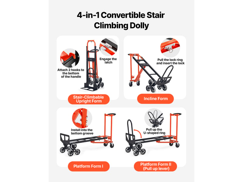  Vevor diable escalier 3 en 1 chariot monte escalier convertible charge max 350 kg diable pliant pour transport entrepot demenagement bureau avec poignee 6 roues monte-escaliers 2 roulettes pivotantes  - Conforama C