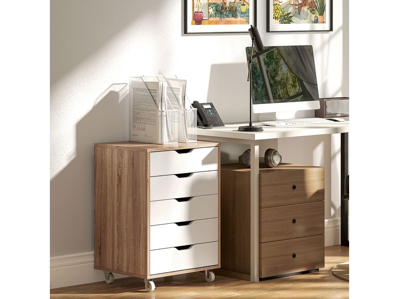 Caisson bureau mobile | meuble de rangement sur roulettes 5 tiroirs 47,5x39,5x67,5 cm blanc et chêne  - Conforama C