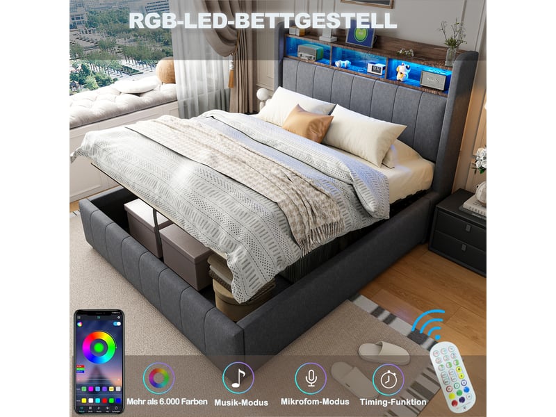  Lit capitonné 160 x 200 cm gris en lin, led multicolore, usb et type-c, coffre hydraulique, sans matelas  - Conforama C