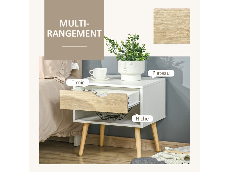  Lot de 2 tables de nuit tiroir niche design moderne panneau de particules classe e1 pieds en bois massif 50 x 39 x 51 cm  - Conforama R