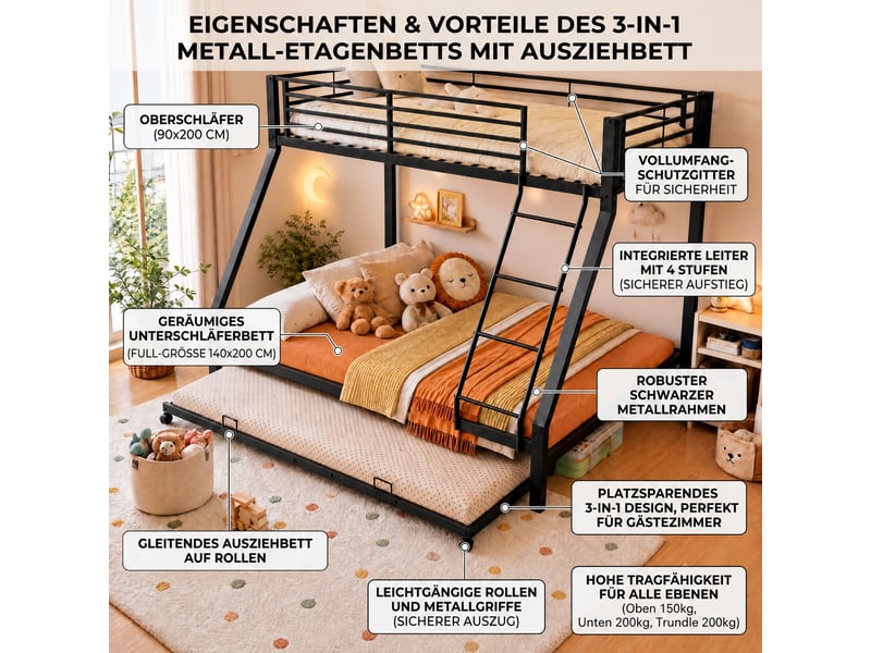  Lit superposé 4 places 90×200 cm, 140×200 cm et 90×190 cm - okmyhome- lit gigogne, sans matelas, métal noir  - Conforama E