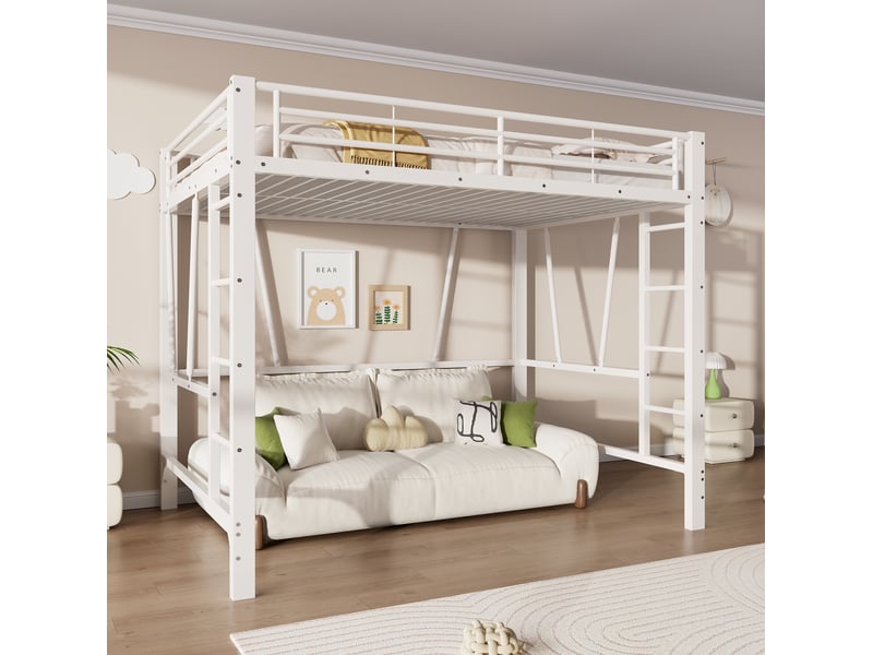  Lit mezzanine 140x200 cm en métal avec double échelle coloris blanc  - Conforama B