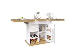 Table à manger 110-140 × 80 cm, table de cuisine pour 4 à 6 personnes, avec étagère à en-cas et casier à vin, blanc