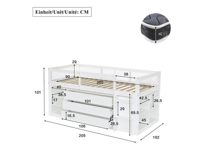  Lit mezzanine enfant 90x200 cm - avec échelle - avec 3 tiroirs et des compartiments de rangement ouverts - bois massif + mdf - blanc (sans matelas)  - Conforama D