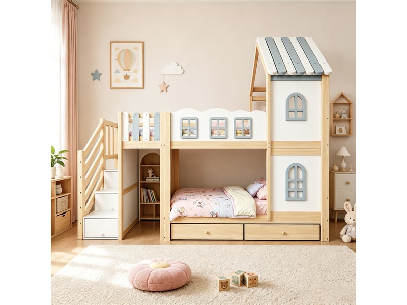  Lit superposé 90x200 cm, lit enfant, tiroirs, étagères, échelle sécurisée, motif nuage, bois gris, blanc, bois naturel  - Conforama R