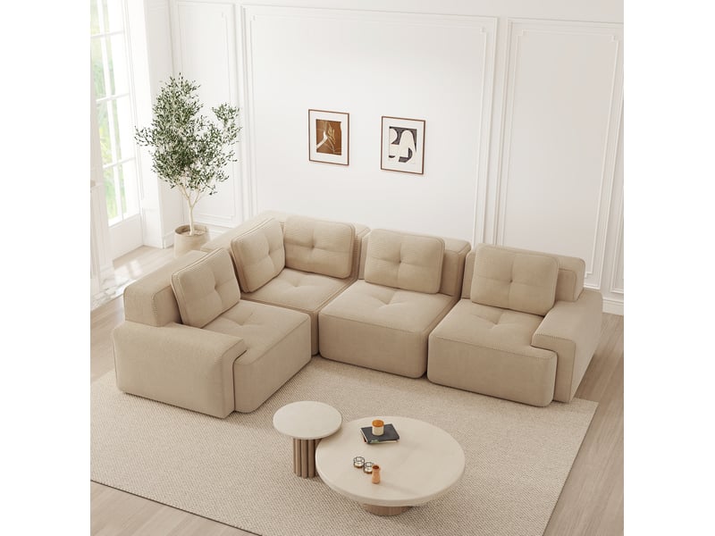 Canapé d'angle modulable 4 places en velours côtelé beige - Conforama C