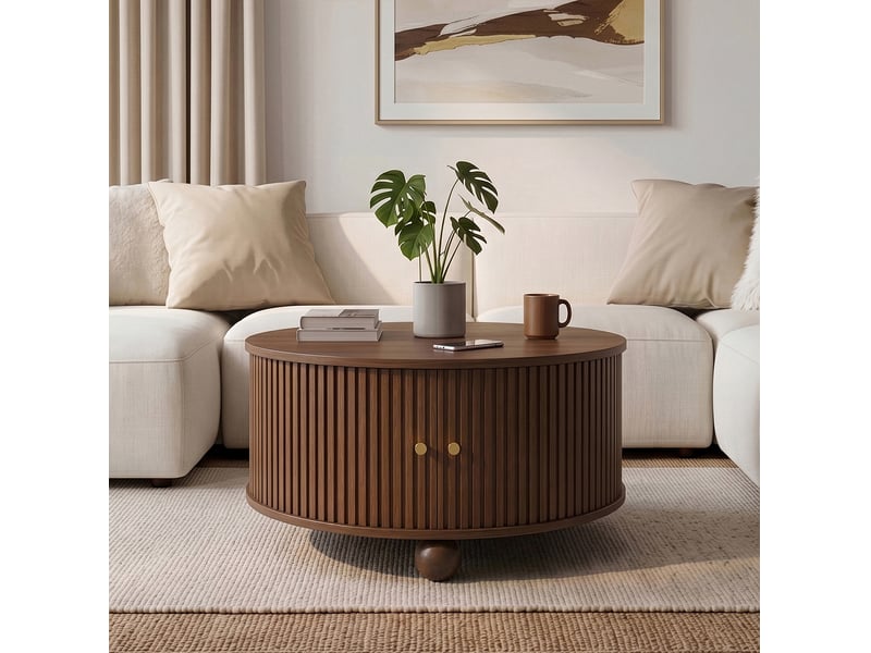  Table basse ronde 72 x 72 x 38 cm, 2 portes coulissantes, mdf, noyer  - Conforama D