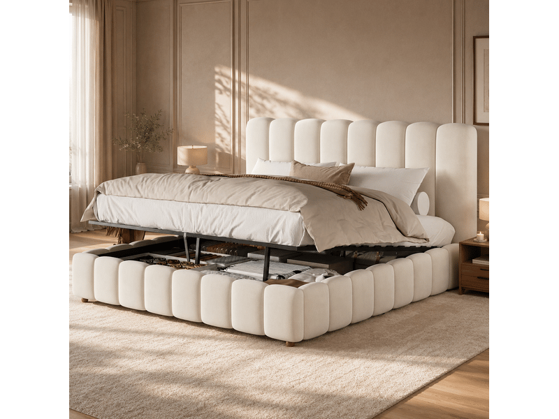  Lit double coffre hydraulique 180 x 200 cm avec sommier à lattes, velours beige  - Conforama B