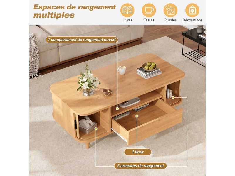  Table basse en bois naturel avec rangement, 1 tiroir, 2 portes tambour, 100 x 50 x 35 cm, coloris bois clair  - Conforama D