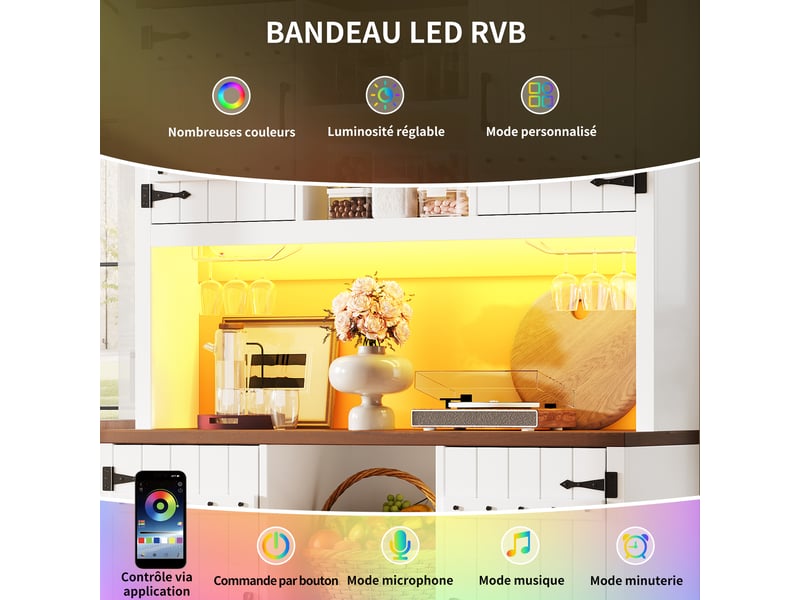 Colonne de cuisine avec portes, étagères réglables, casier à vin et éclairage led rgb pour cuisine 120×40×180 cm blanc - Conforama E
