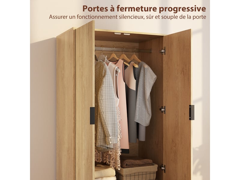  Armoire chambre penderie avec 2 portes à fermeture douce, 80x50x180cm, 2 tiroirs et barre de suspension, bois naturel  - Conforama R