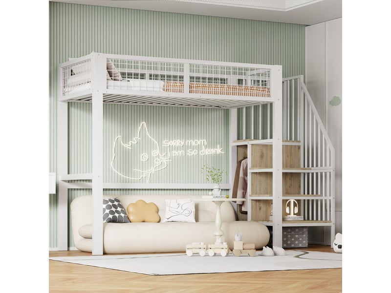  Lit surélevé enfant 90*200 cm blanc, échelle sécurisée, structure fer, étagère et penderie intégrée  - Conforama C