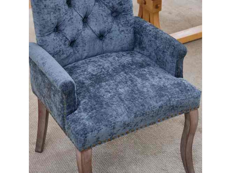  Chaise capitonnée velours chenille bleu - pieds bois courbés - style club - salle à manger - de1895bl  - Conforama E