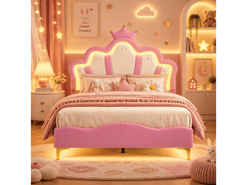  Lit double enfant 140x190 avec led, lit princesse fille avec tête de lits réglable et sommier à lattes, pu rose  - Conforama E