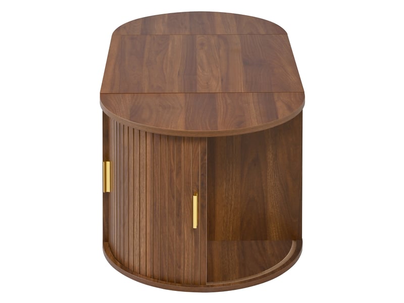 Table basse relevable ovale couleur noyer, style rétro moderne avec rangement caché et étagères, 100x50x40.5cm - Conforama E