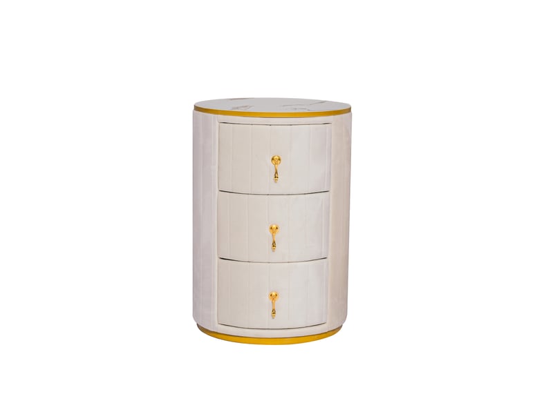  Table de chevet ronde avec 3 tiroirs pour chambre en mdf et velours 40×40×52,5 cm blanc  - Conforama A