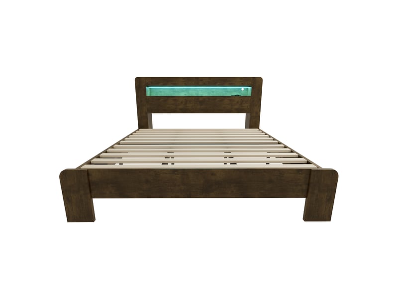  Lit 180x200 cm effet bois naturel, tête de lit avec rangement, led et prises intégrées Fay Lum - Conforama D