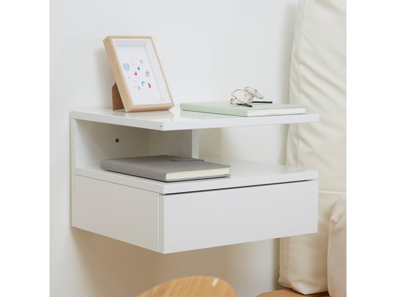 Lot de 2 tables de chevet murales tables de nuit tiroir coulissant, niche, 35 x 32 x 22,5 cm blanc, plateau  - Conforama R