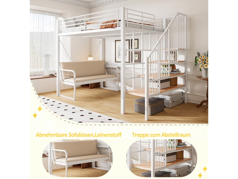  Lit superposé 140 x 200 cm, avec lit banquette amovible, rangement, escalier de sécurité, métal, blanc  - Conforama D