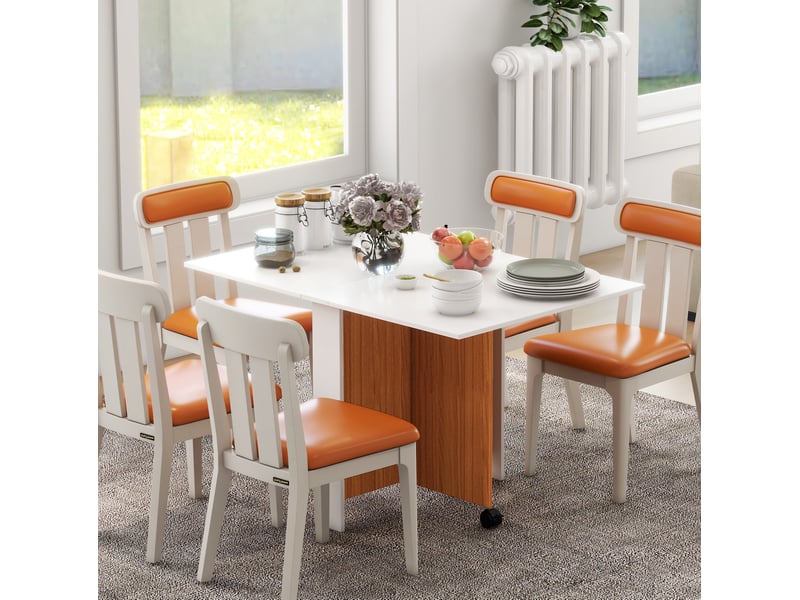  Table de salle à manger pliante mobile avec plateau rabattable et roulettes en contreplaqué blanc décor bois brun  - Conforama B