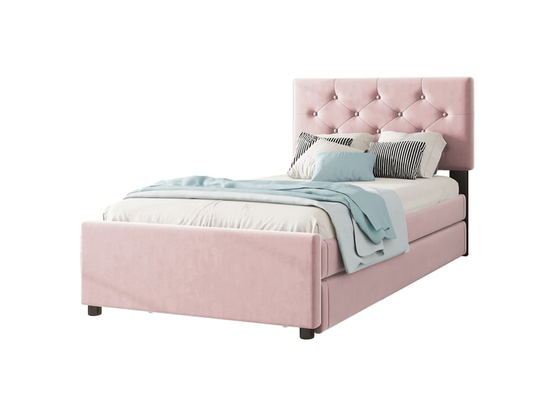  Lit enfant 90x200cm,lit gigogne en velours avec conception des boutons,rose lit enfant rose - Conforama A
