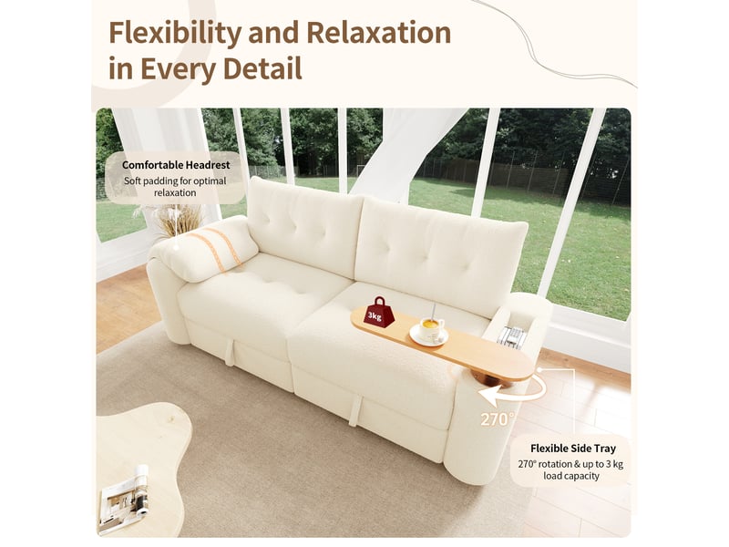  Canapé 3 places 207,5 x 80 x 87 cm en tissu teddy, canapé convertible modulable avec coffre de rangement, appui-tête, tablette pivotante 270°, canapé-lit compact pour salon - beige  - Conforama E