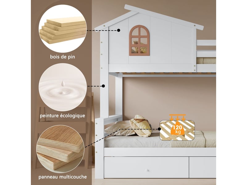  Lit superposé enfant 90x200, structure bois massif lit superpose cabane, toboggan intégré, tiroirs coulissants, échelle sécurisée  - Conforama D