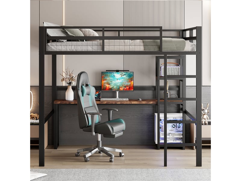  Lit mezzanine enfant 140x200 cm, bureau, étagère, charge, garde-corps, sommier, métal noir, sans matelas  - Conforama B