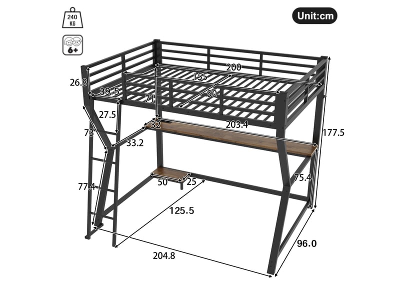  Lit mezzanine simple 90×200 cm bureau, led, prise usb et étagère pc  - sans matelas, métal - noir  - Conforama D