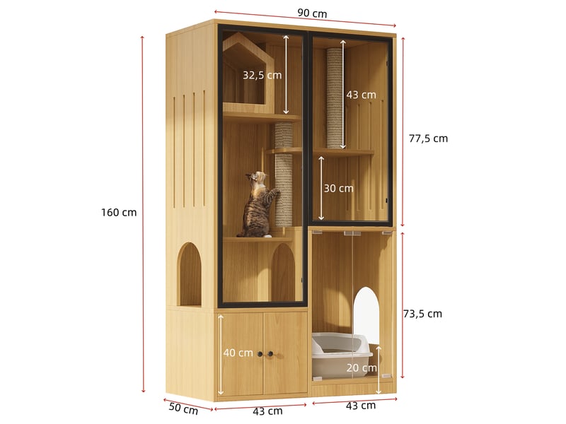  Grande cage intérieure 90 x 50 x 160 cm, 4 niveaux, panneaux vitrés et poteau à griffer, finition érable jaune  - Conforama C