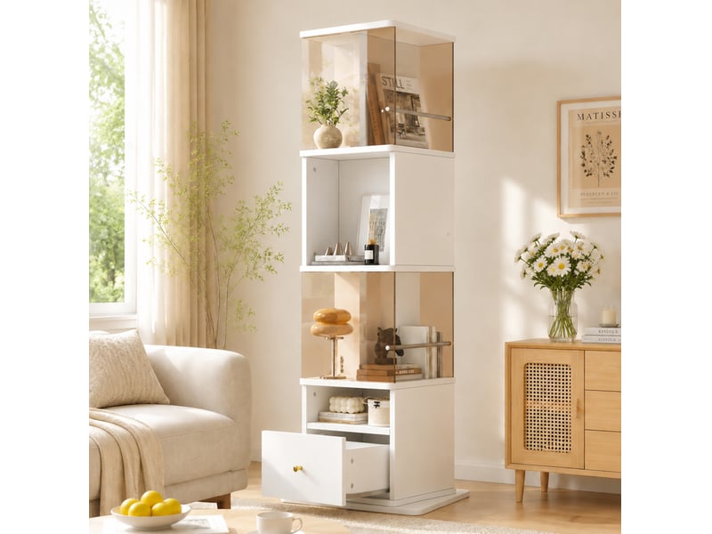  Vitrine rotative 50x50x160 cm avec éclairage led mdf blanc et marron  - Conforama C