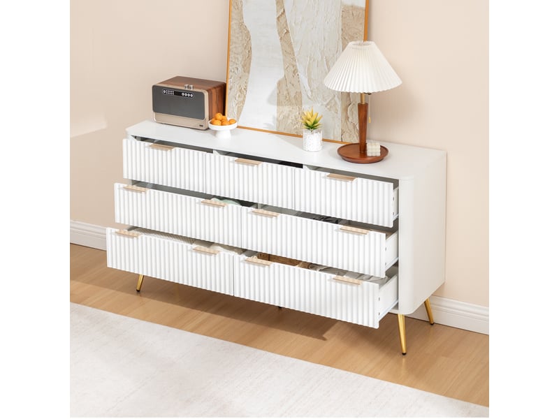  Commode 7 tiroirs, 145x40x80cm, grand meuble de rangement pour chambre et salon, buffet bas avec coulisses silencieuses et pieds surélevés, blanc  - Conforama C