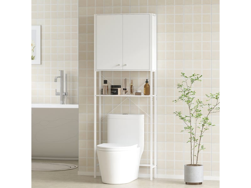  Meuble au-dessus des toilettes blanc avec placard et étagère ouverte, 64 x 20 x 180 cm  - Conforama D