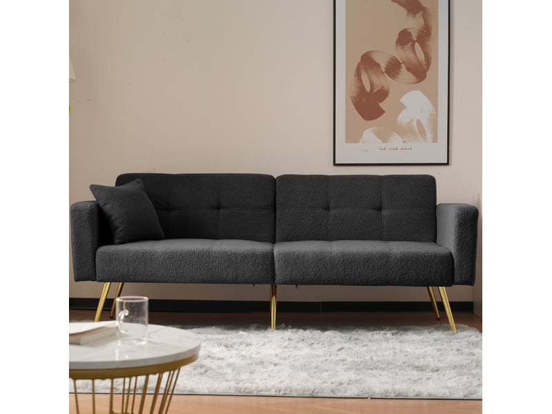  Canapé droit convertible 2 places gris foncé en tissu bouclette, dossier réglable et poches latérales pour invités  - Conforama E