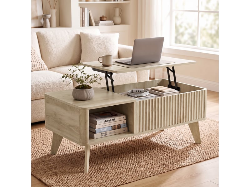  Table basse relevable design effet bois clair coffre rangement 2 niches  - Conforama D