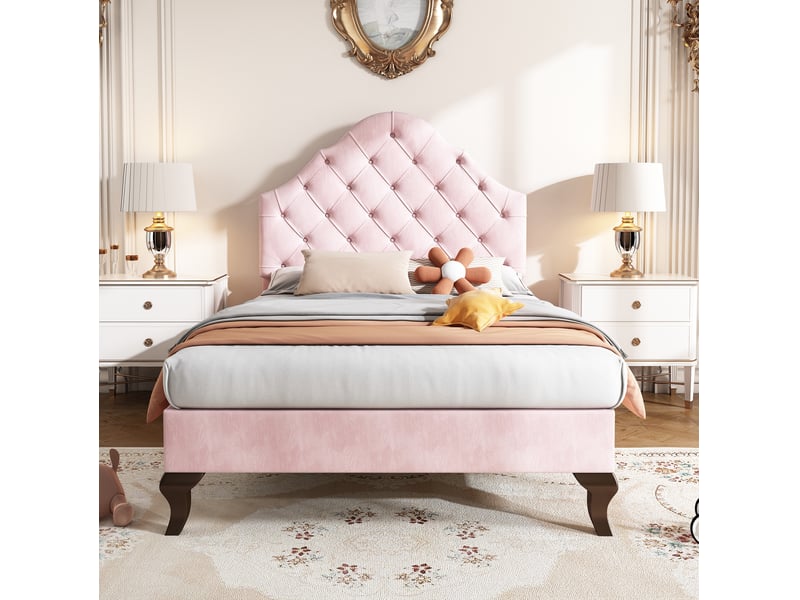 Lit simple 90x200 cm en velours rose avec tête de lit réglable et sommier à lattes - Conforama D