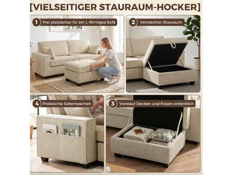 Canapé d'angle 3 places modulaire avec ottomane de rangement et poches latérales en velours côtelé beige - Conforama E