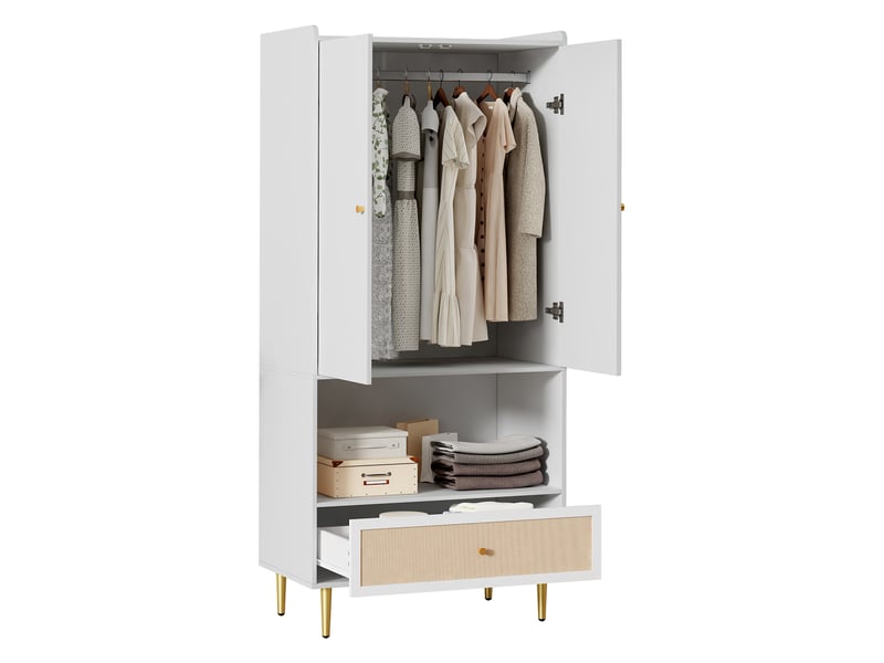 Armoire penderie 2 portes 1 tiroir en rotin pe blanc et naturel 80x48x175 cm N657P36865758W - Conforama B