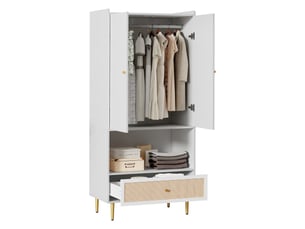 Armoire penderie 2 portes 1 tiroir en rotin pe blanc et naturel 80x48x175 cm